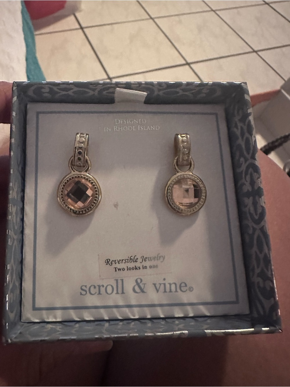 Scroll & Vine Gold-Tone Pink Crystal Drop Earrings